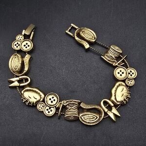 Gold Tone Sewing Theme Slide Charm Bracelet Sewing Crafty Girl Gift
